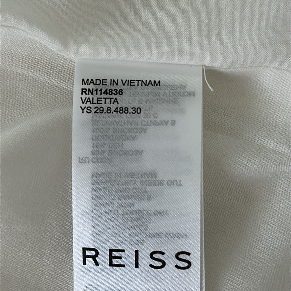 Reiss White Linen Midi Dress Contrast Navy Trim Deep V | US 2 - Picture 7 of 7